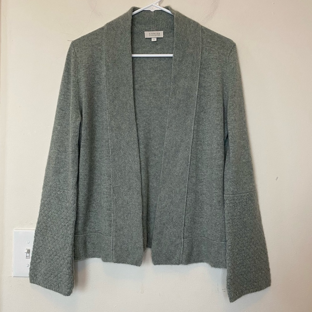 KINROSS Cashmere Open Front Bell Sleeve Cardigan Sweater Gray/Green Sz Small